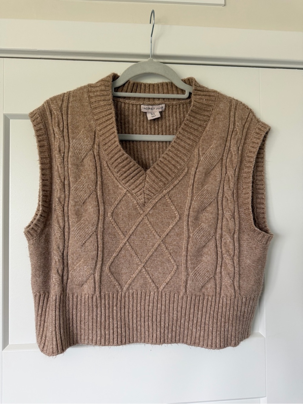 Sincerely Jules Taupe Cable Knit V-Neck Sweater Vest